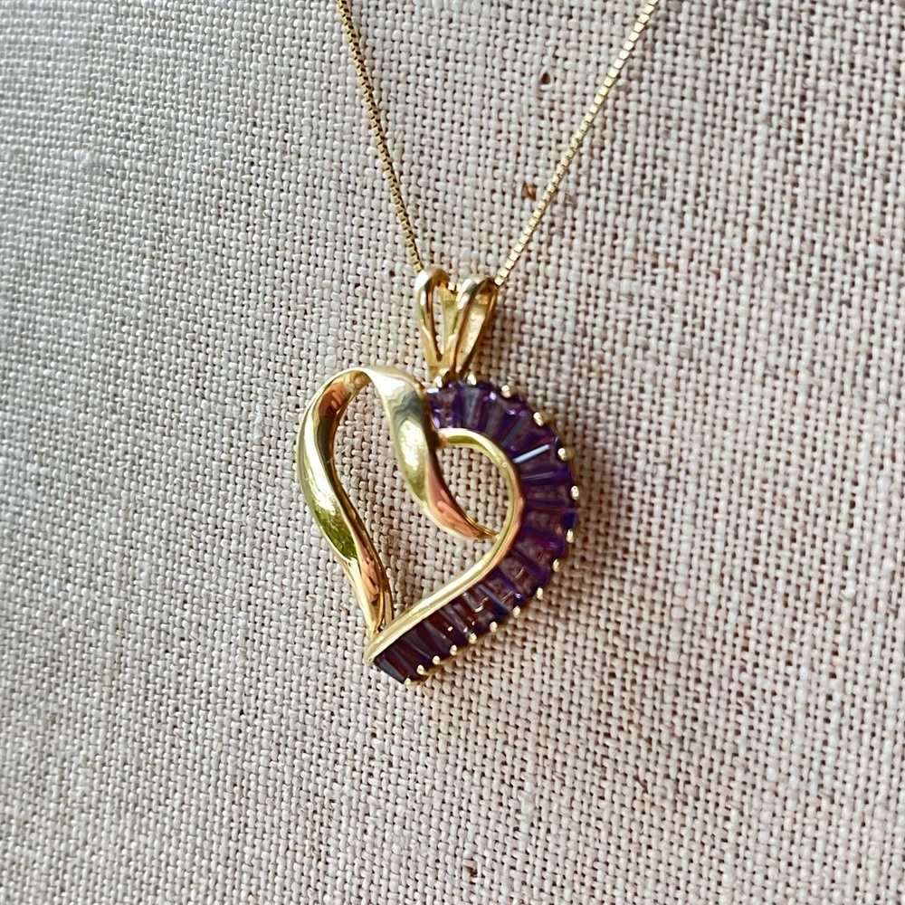 Vintage 14K Gold and Tapered Baguette-Cut Amethyst Heart Necklace, 18”